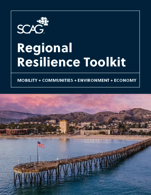 Regional Resilience Toolkit report cover thumbnail logo and coastal pier scene with mountains in the background.