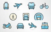 Transportation icons: plane, bus, bicycle, pedestrian, truck, motorcycle, car, ship.